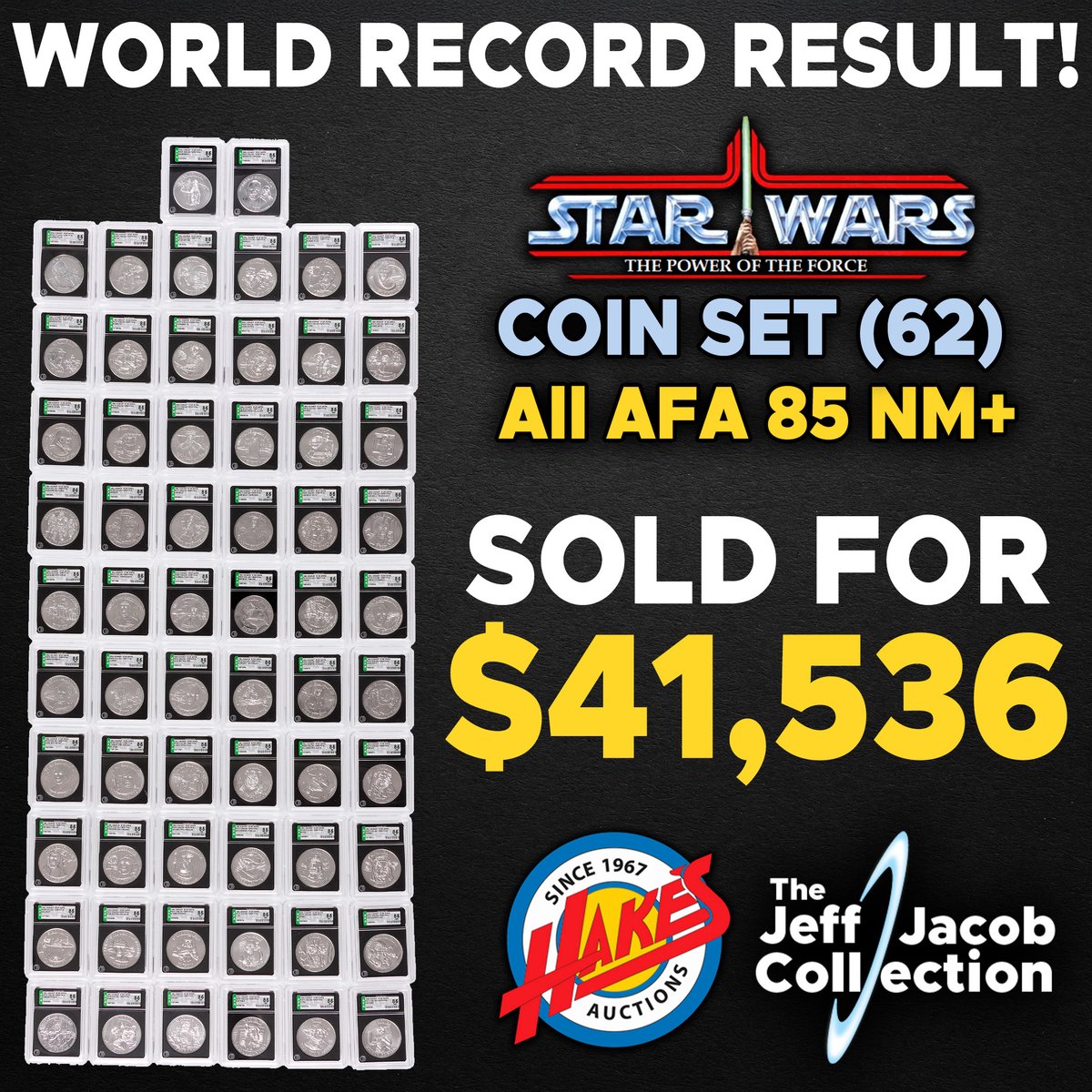 HakesAuctions's tweet photo. WORLD RECORD FOR A GRADED SET! SOLD FOR $41,536! This complete 62-coin collection proves why Hake's is the place for vintage Star Wars! Got POTF coins, prototypes, or carded treasures ready to cash in?
Consign now 👉 https://t.co/oaJJpF6mv6
#StarWars #POTF #ActionFigures https://t.co/mh8QVWZ2Ib