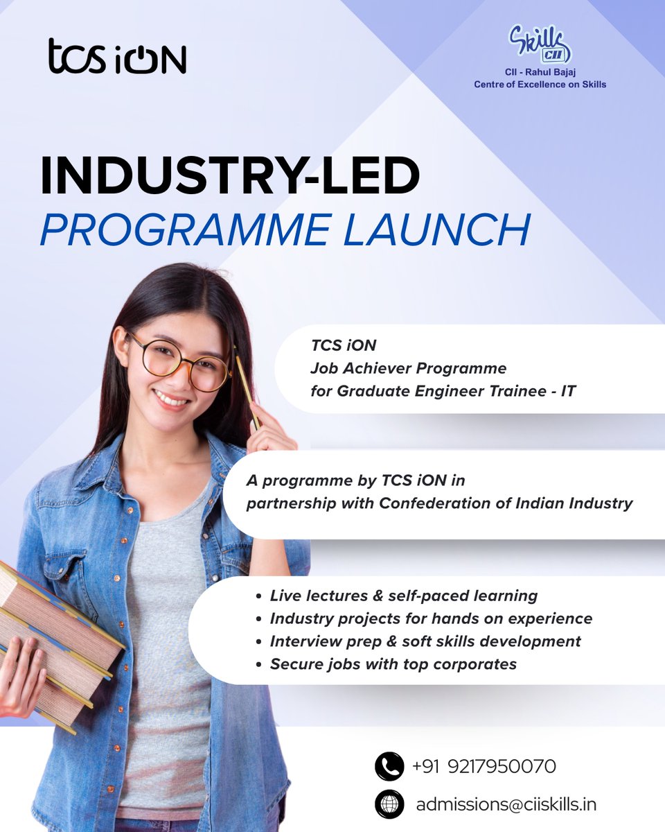 CII_Skills's tweet image. 🚀 Launch your IT career with CII x @TCS_iON Job Achiever Programme — a 20-week pathway to become job-ready IT professionals.Get career-ready from Day 1.

✔ Java, Python, SQL, Web
✔ Live sessions + projects
✔ 4200+ recruiters #CIISkills #TCSiON #ITSkills #CareerReady
