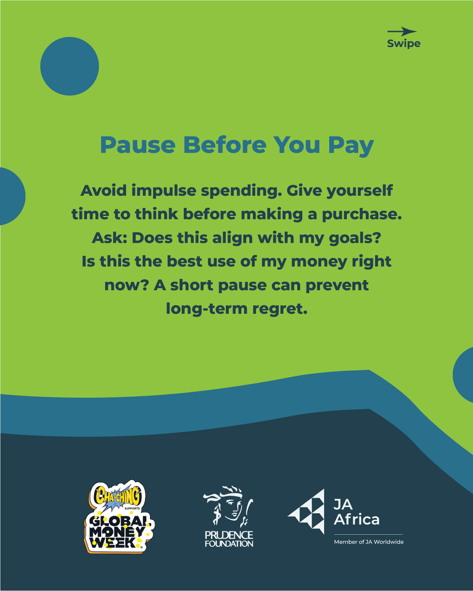 JA_Africa_'s tweet image. Smart spending starts with needs first. Pause before paying to avoid impulse buys. Watch the Cha-Ching Money Show bit.ly/ChachingGMW2026 #SmartSpending #FinancialLiteracy #ChaChing #MoneyHabits #YouthEmpowerment