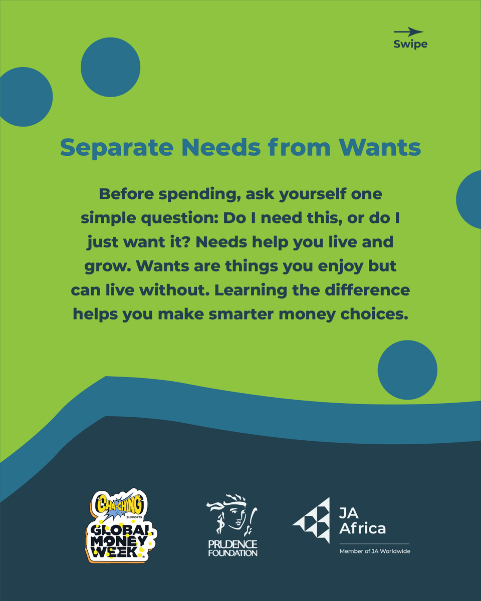JA_Africa_'s tweet image. Smart spending starts with needs first. Pause before paying to avoid impulse buys. Watch the Cha-Ching Money Show bit.ly/ChachingGMW2026 #SmartSpending #FinancialLiteracy #ChaChing #MoneyHabits #YouthEmpowerment
