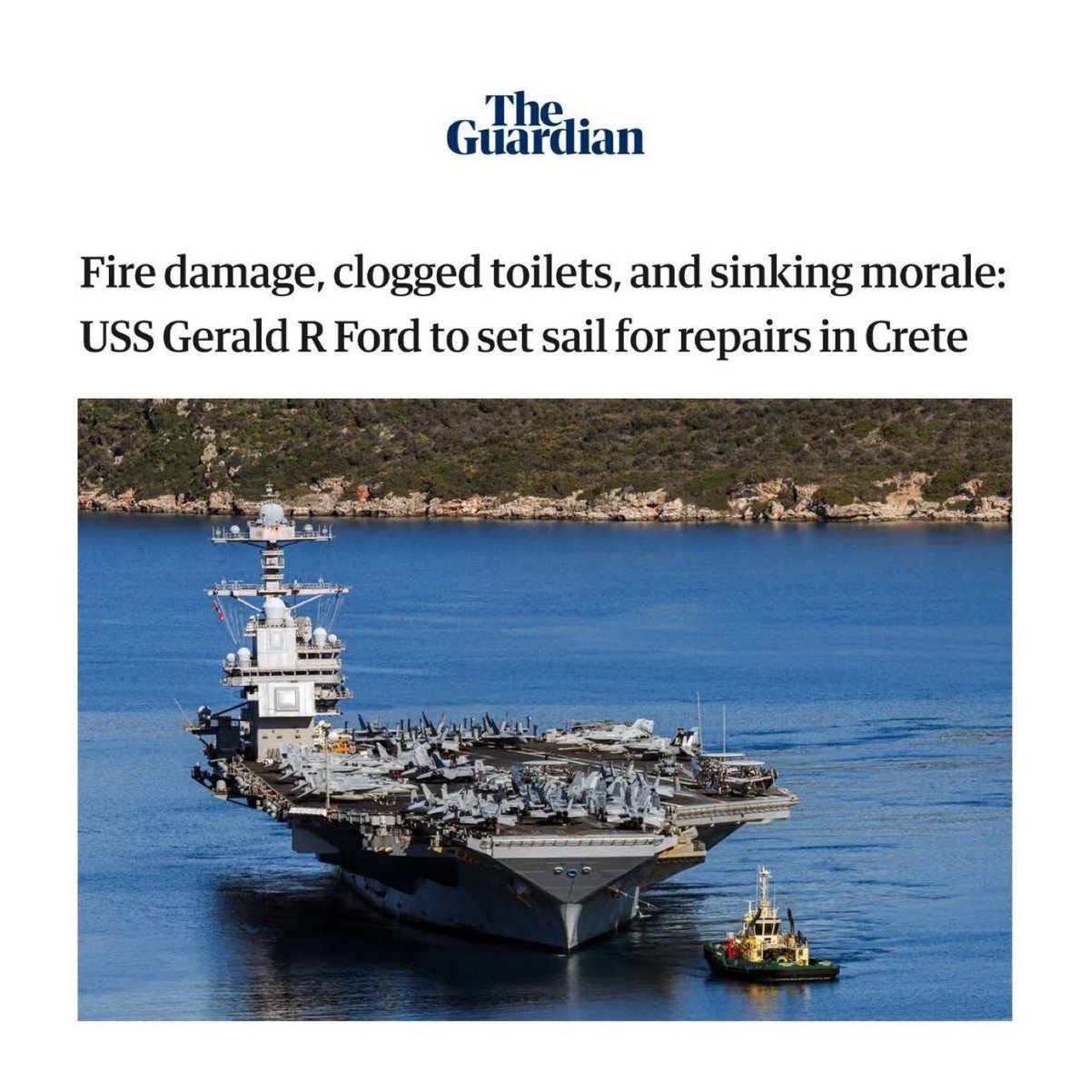 USS Ford: Final Farewell from the Red Sea

The mighty USS Gerald R Ford is finally limping out of the fight, heading to Crete for repairs after the laundry fire scorched berths, injured sailors, &amp; left morale in the toilet (literally).

Nine months at sea, clogged vacuum systems