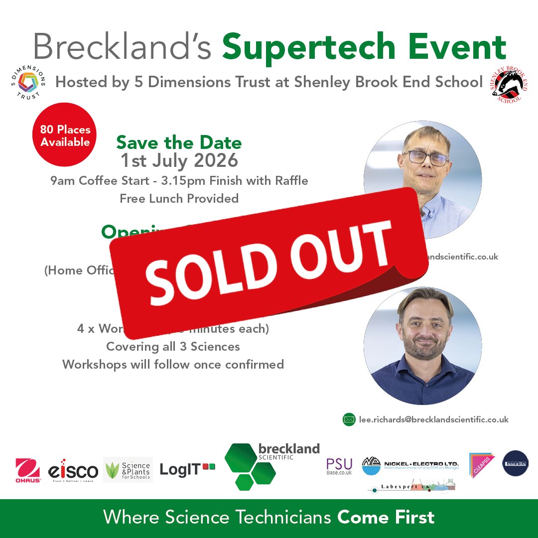 BrecklandSci's tweet photo. Breckland's Supertech Event is officially... SOLD OUT❗
Our team are looking forward to meeting you all.
If you have any questions regarding the event, please contact Lee or Matt.
#BrecklandScientific #SuperTech https://t.co/m1XU2ptBma