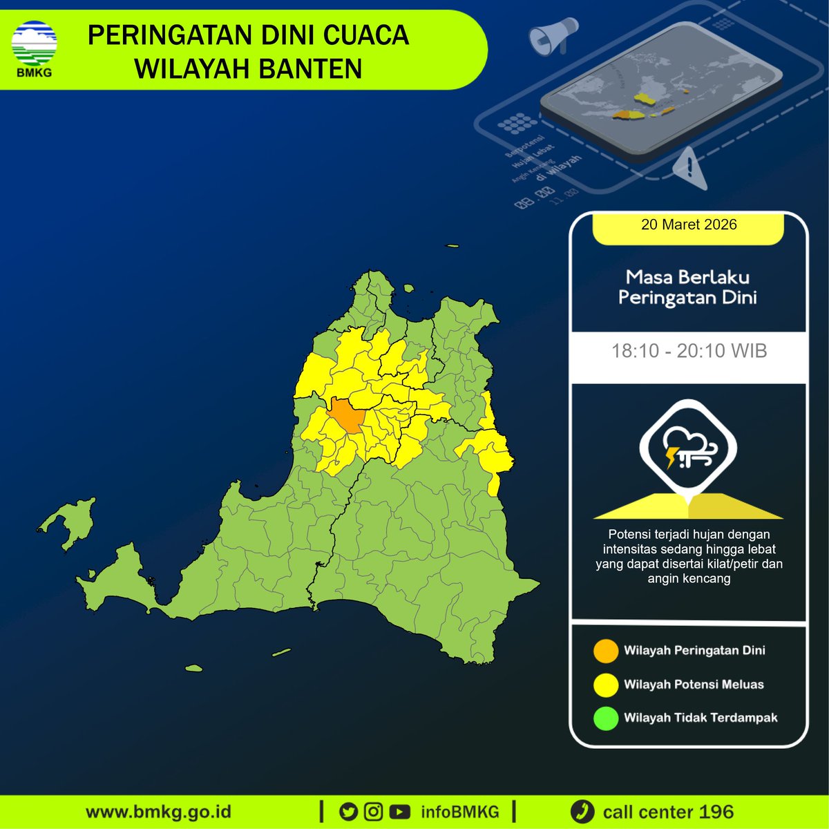 bmkgwilayah2's tweet photo. UPDATE Peringatan Dini Cuaca Banten tgl 20 Maret 2026 pkl 18:00 WIB masih berpotensi terjadi Hujan Sedang-Lebat yang dapat disertai Kilat/Petir dan Angin Kencang pada pkl. 18:10 WIB 
Kondisi ini diperkirakan masih akan berlangsung hingga pkl 20:10 WIB

Prakirawan BMKG Banten https://t.co/c9NoOQDkpA
