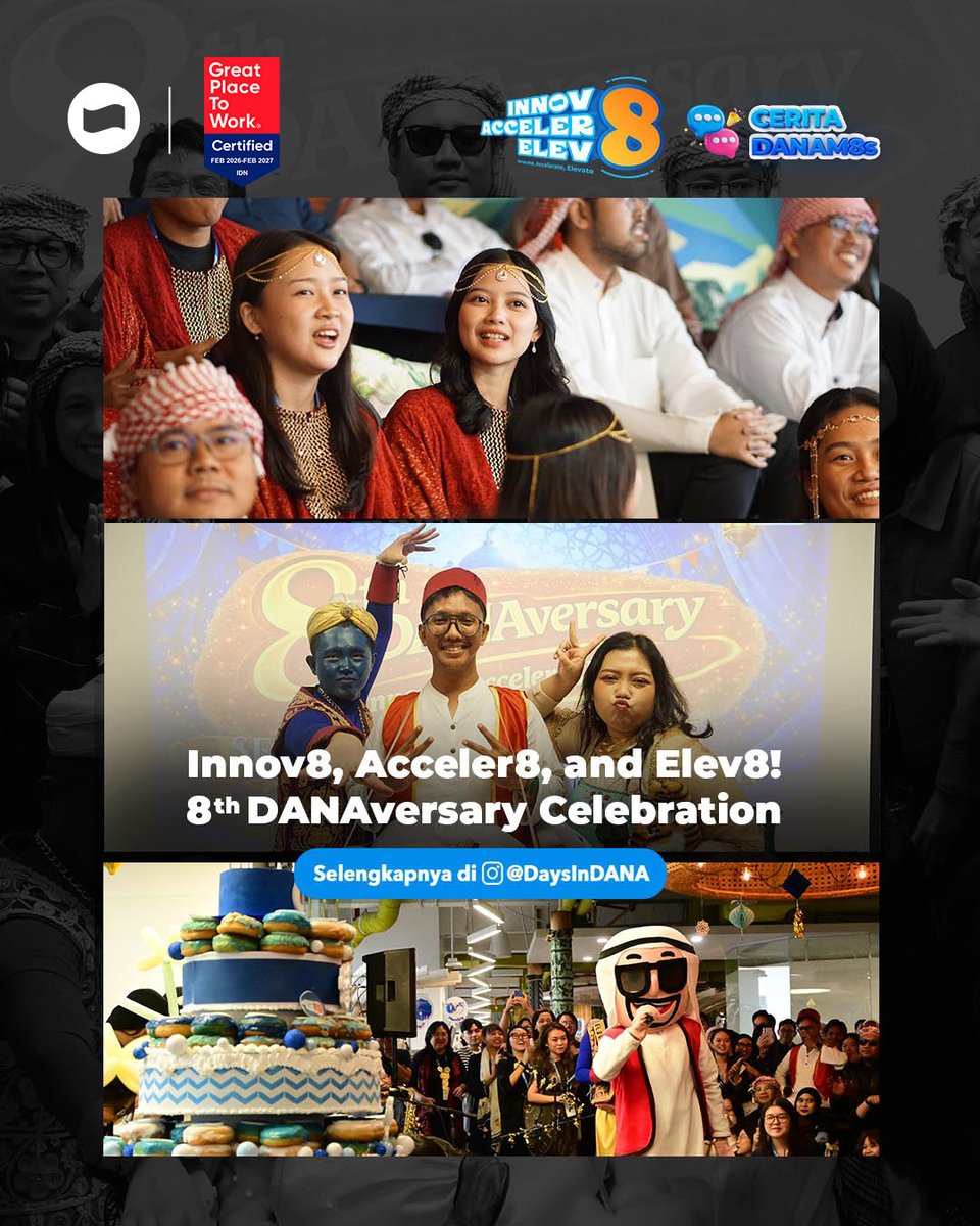 danawallet's tweet image. 8 Tahun, 8 Juta Cerita, 1 Perjalanan Luar Biasa! 💙
Kantor DANA disulap jadi Arabian Nights buat rayain ulang tahun ke-8. ✨
Tonton keseruan #8thDANAVersary di sini bit.ly/3NN2nbq
#DANA #DaysinDANA #CeritaDANAM8s