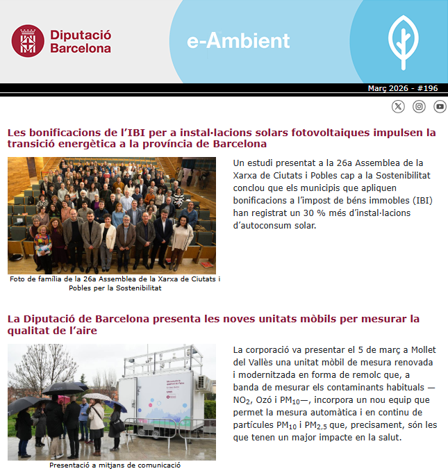 AccioClimaDIBA's tweet photo. 🆕 butlletí eAmbient 1⃣9⃣6⃣
En portada l'Assemblea de la Xarxa de Ciutats i Pobles cap a la #Sostenibilitat on es va presentar l'estudi sobre les bonificacions a l’IBI per a instal·lacions solars fotovoltaiques☀️⚡️
Ja el podeu llegir al vostre correu si hi esteu subscrites o a l'enllaç👇
🔗https://t.co/j2pIS6cfpU