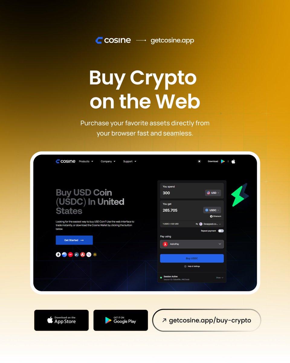 Buy crypto directly from your browser 🌐

Available in 170+ countries, no downloads, no friction.
It's just a fast and seamless way to get your favorite assets.

Start now ↓
getcosine.app/buy-crypto

#CosineWallet #BuyCrypto #Web3 #CryptoMadeEasy