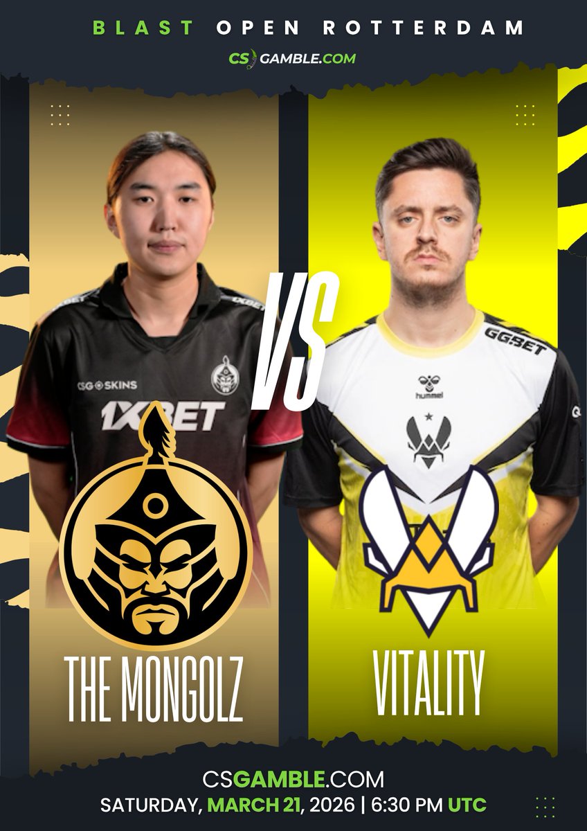 CSGambleCOM's tweet photo. 🚨 GIANT KILLERS VS. THE WORLD #1 🚨

After sweeping MOUZ, The MongolZ face their ultimate test tomorrow: Team Vitality.

Can the pride of Mongolia pull off the unthinkable?
🇲🇳 vs 🇫🇷

🗓️ Tomorrow, March 21 🏆 BLAST Open Rotterdam 2026 📺 Tune in on HLTV
#CS2 #TheMongolz #Vitality https://t.co/1N4QpL6Rgd