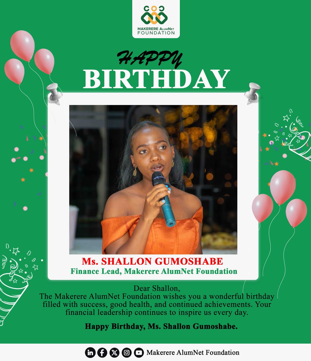 MCFMakAlumni's tweet photo. Dear @sharonguma50, @MCFMakAlumni is proud of your financial leadership &amp; grateful for your sacrifices to serve the association.
Today, we are honoured to celebrate you. May this new age bring you success, joy, &amp; fulfilment of all your heart's desires.

Happy Birthday, Shallon! https://t.co/OlRMhRUZbC