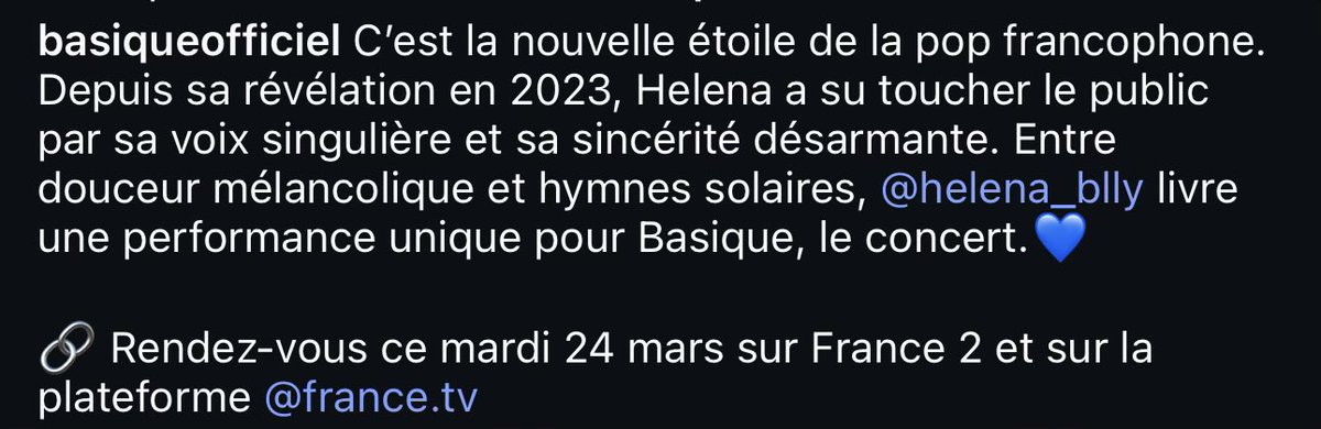 Debby_Debbo77's tweet image. Rdv mardi 24/03 sur France 2 pour @basiqueofficiel avec HELENA ✨
#Helenabailly
@FranceTV