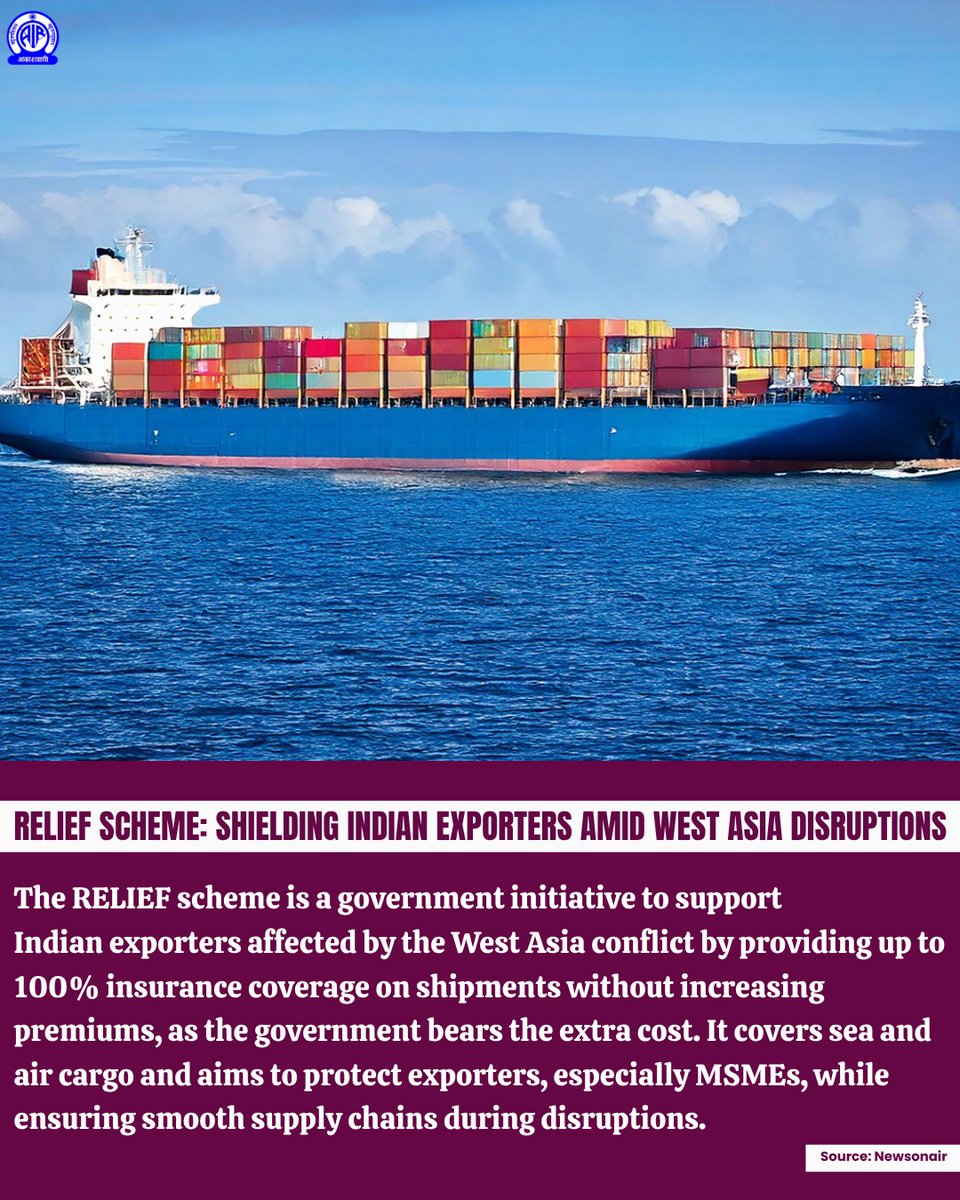 AkashvaniAIR's tweet photo. RELIEF Scheme: Shielding Indian Exporters Amid West Asia Disruptions
Govt’s RELIEF scheme offers up to 100% insurance coverage on shipments without extra premium, supporting exporters especially MSMEs and ensuring smooth supply chains during disruptions.
#RELIEFscheme #IndiaExports #MSME #TradeSupport #SupplyChain #ExportGrowth
@DoC_GoI @DGFTIndia @MIB_India @airnewsalerts