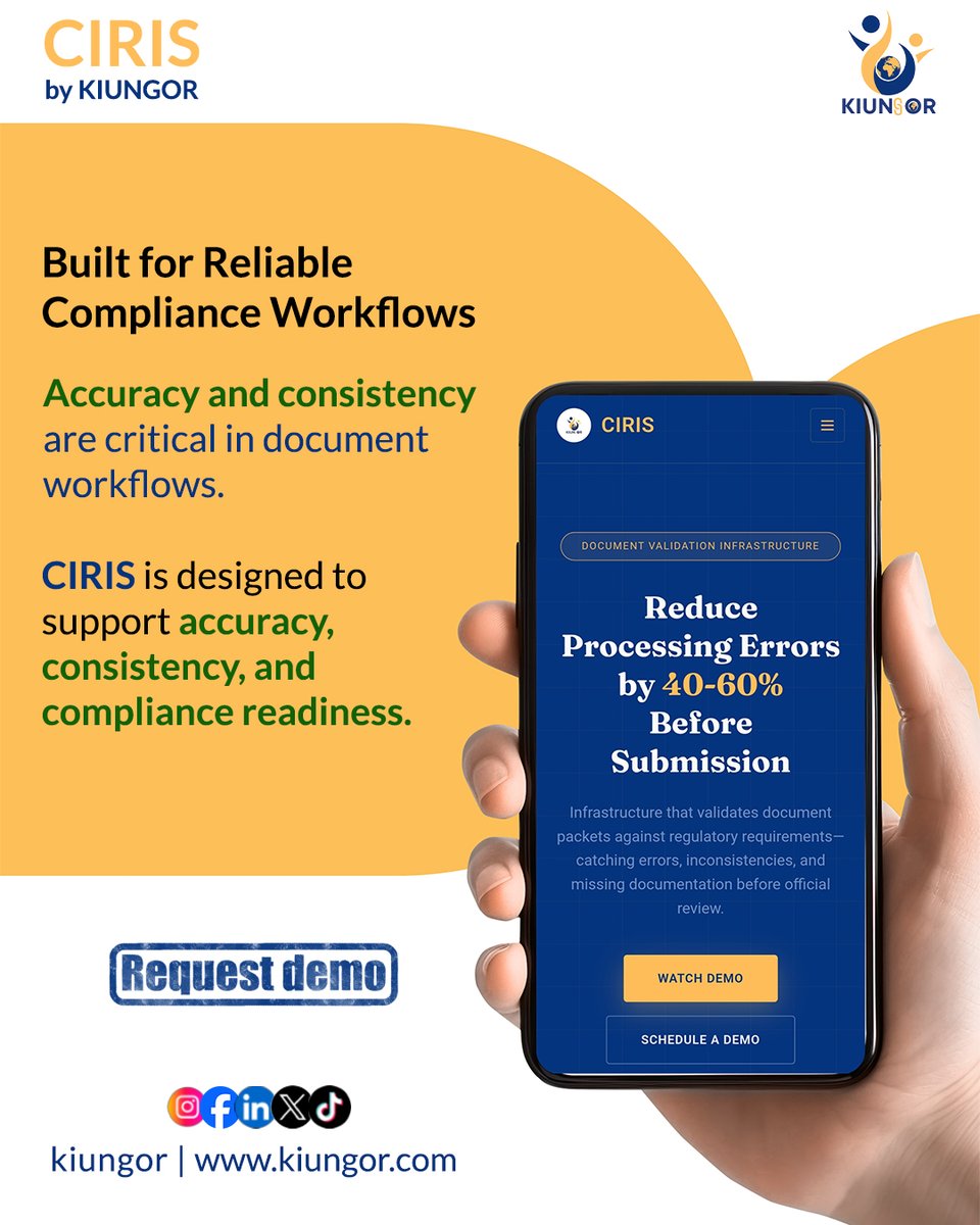 kiungorOrg's tweet photo. Reliable workflows depend on accuracy and consistency.

CIRIS is designed to support compliance-ready submissions.
Explore the demo:
https://t.co/a28RjK0t2j

#CIRIS #Compliance #LegalTech #RegTech #DocumentValidation #WorkflowIntegrity #ComplianceInfrastructure https://t.co/u5vShYX4vY