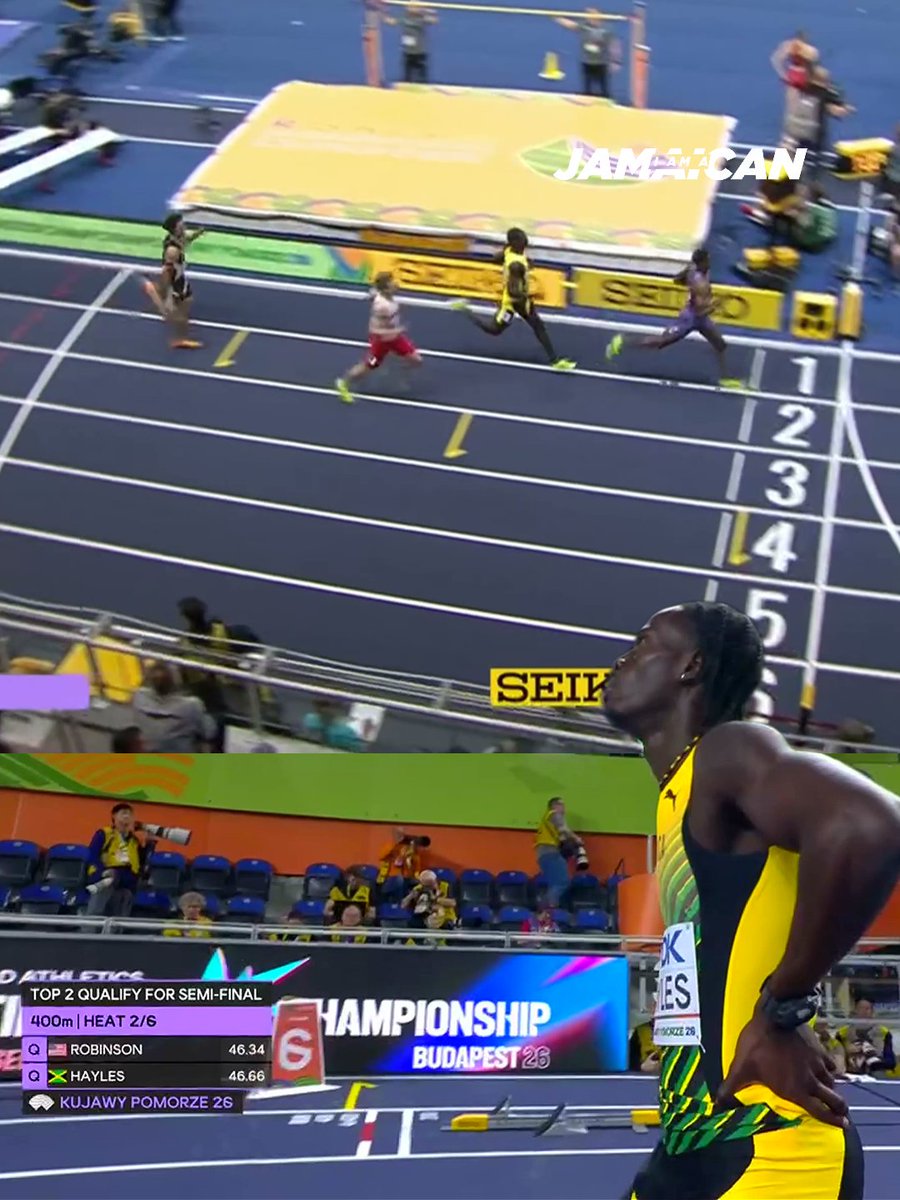 📷 Reheem Hayles finishes 2nd in Men’s 400m Heat 2 in 46.66. Chris Robinson of the USA wins in 46.34 as Hayles advances to the semi-finals at the World Indoor Championships underway in Poland.
#worldchampionships #poland #jamaica #trackandfield