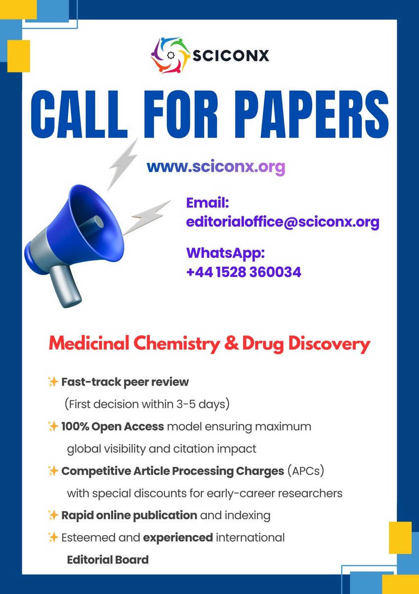 SciconX's tweet photo. Medicinal Chemistry &amp; Drug Discovery

Submit your research:
🔬 Drug design
⚗️ Lead optimization
🎯 Structure-based discovery

⚡ 3-5 day review
🌍 Open access

📧 editorialoffice@sciconx.org
🔗 https://t.co/J8JDi8Qrdm

#MedicinalChemistry #DrugDiscovery #ChemTwitter https://t.co/bJ4PMELZlm