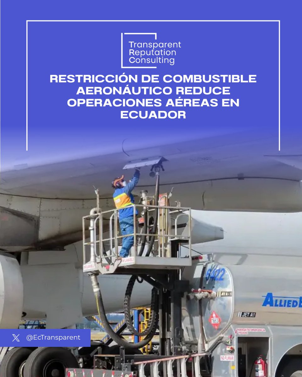 #Infotransparent
Viernes 20 de marzo de 2026
<a href="/EcTransparent/">TRANSPARENT REPUTATION CONSULTING</a> AL DÍA+

RESTRICCIÓN DE COMBUSTIBLE AERONÁUTICO REDUCE OPERACIONES AÉREAS EN ECUADOR

El sistema aéreo ecuatoriano enfrenta una limitación crítica en el suministro de combustible Jet A-1, lo que obligó a la Dirección