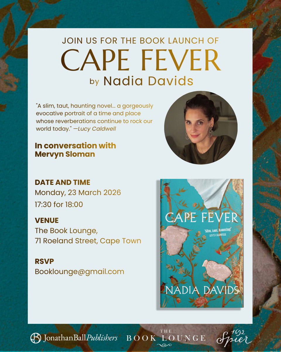 book_lounge's tweet photo. We are hosting Nadia Davids this coming Monday, the 23rd of March for the launch of her best-selling Novel, Cape Fever! She will be in conversation with Mervyn Sloman. 

RSVP: booklounge@gmail.com https://t.co/xHAEp7LVu4