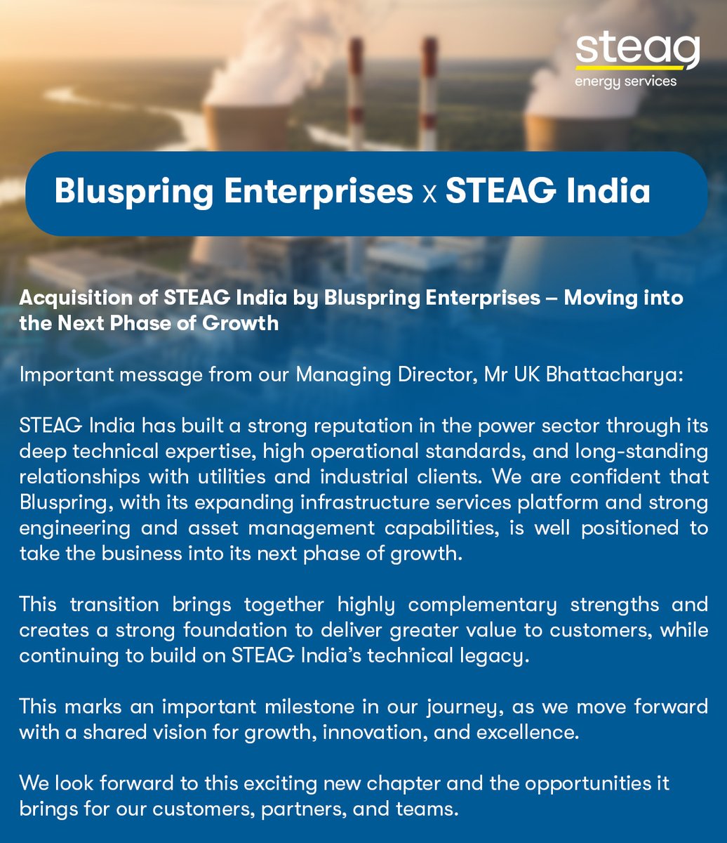 steagindia's tweet photo. Acquisition of STEAG India by Bluspring Enterprises – Moving into the Next Phase of Growth
 
#STEAGIndia #Bluspring #EnergySector #Infrastructure #Acquisition #BusinessGrowth #EngineeringExcellence #PowerSector #Leadership #Transformation #NewBeginnings https://t.co/c04Ieg8AW4