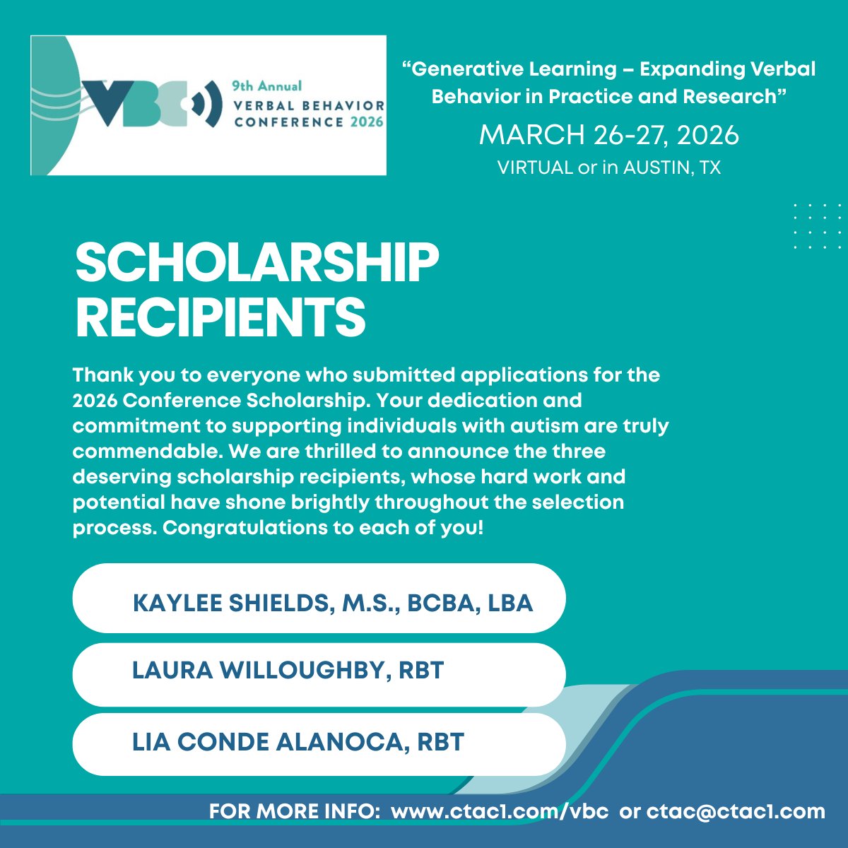 VBC 2026 SCHOLARSHIPS HAVE BEEN AWARDED! Thand you to everyone that applied. behaviorlive.com/conferences/vb…
 #VerbalBehavior #VBC2026 #AutismSupport #BehaviorAnalysis #Scholarships #AutismResearch #SpecialEducation