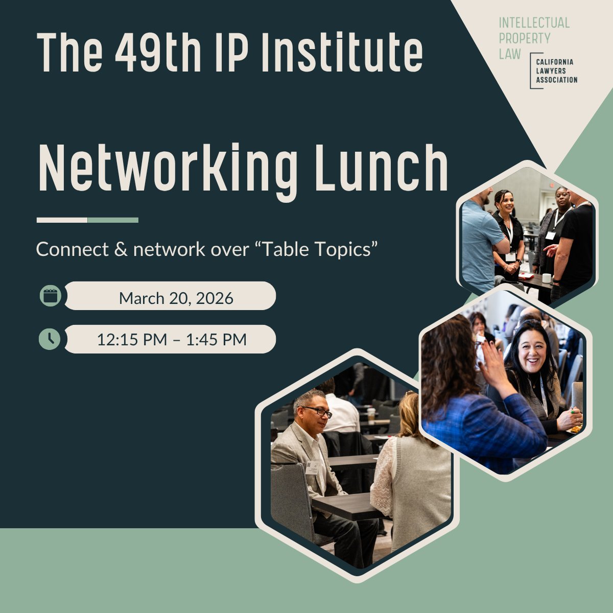 CLA_IP's tweet photo. Make the most of your day at the 49th Annual IP Institute with our Networking Lunch featuring Table Topics!

March 20
12:15 PM-1:45 PM

• Connect with practitioners, academics, and industry leaders
 • Enjoy a relaxed, small-group setting
 • Spark ideas and share insights https://t.co/GG35yMHXaz