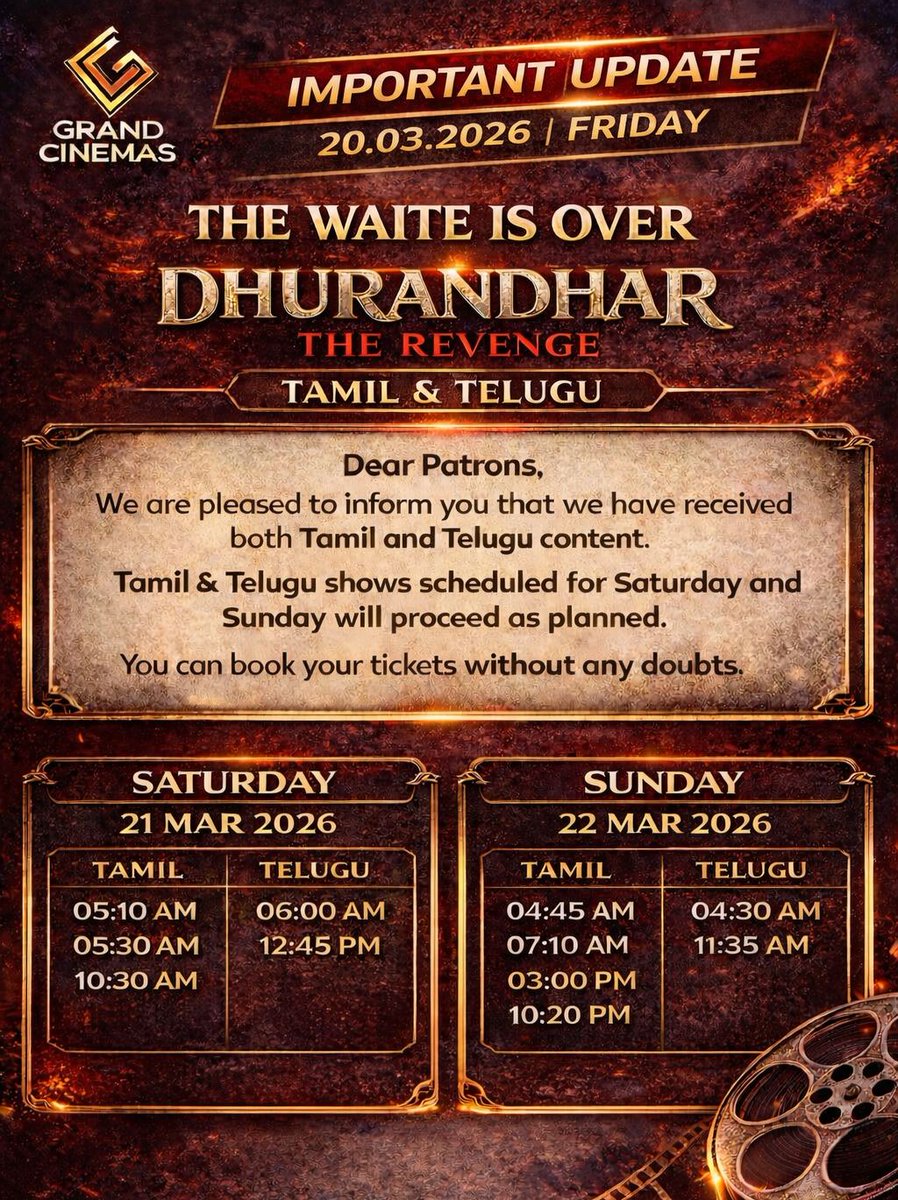 cinemas_grand's tweet image. #dhurandhartherevenge 
Tamil and Telugu versions content received and regular shows will play with English Subtitles From 21.3.26[Saturday] Early morning. 
Ticket price:
Tamil-Rs.190
Telugu-Rs.200
Book at boxoffice or online at #districtbyzomato #ticketnew @carebydistrict