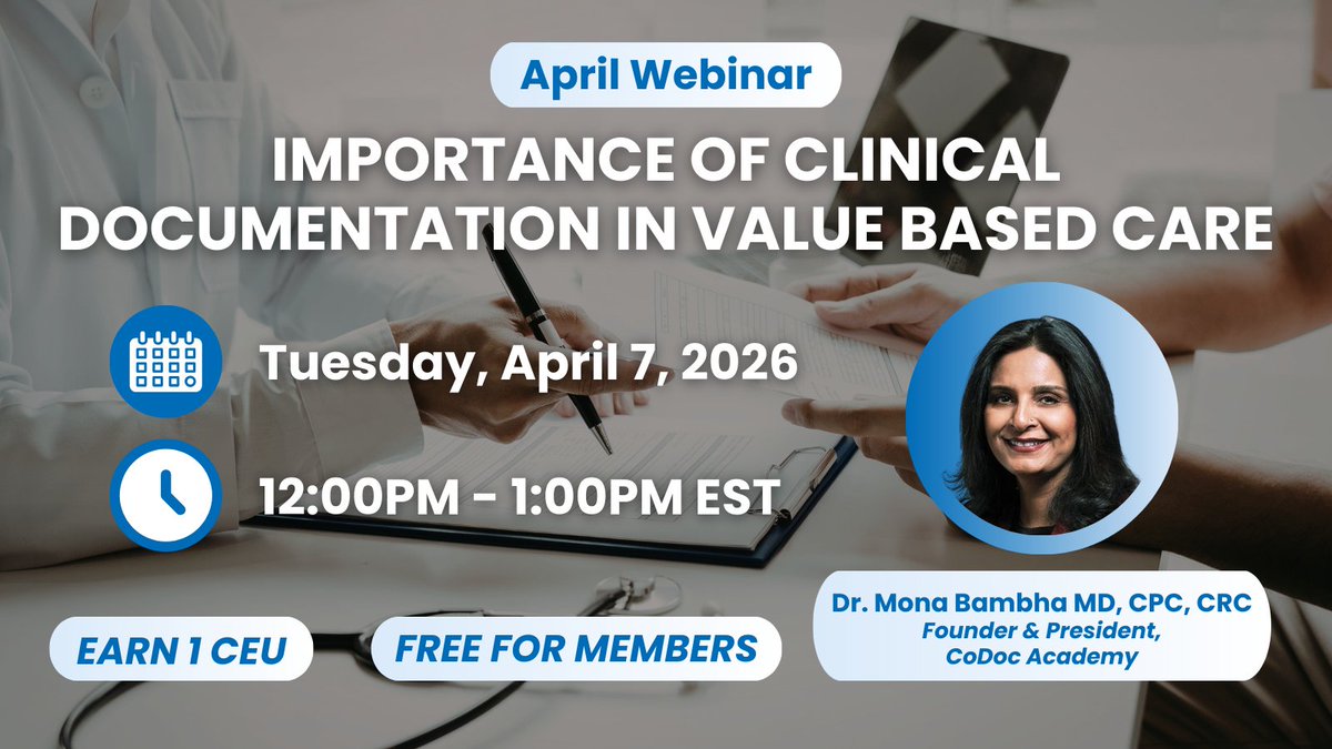 MEMGMA's tweet photo. Register for upcoming webinar, "Importance of Clinical Documentation in Value Based Care" presented by Dr. Mona Bambha MD, CPC, CRC, Founder &amp; President of CoDoc Academy 📣

🗓️Tuesday, April 7, 2026
🕓12:00PM - 1:00PM EST

EARN 1 CEU!

Register today!👇
https://t.co/00Iz3G4pF0 https://t.co/qlYSiCGjcZ