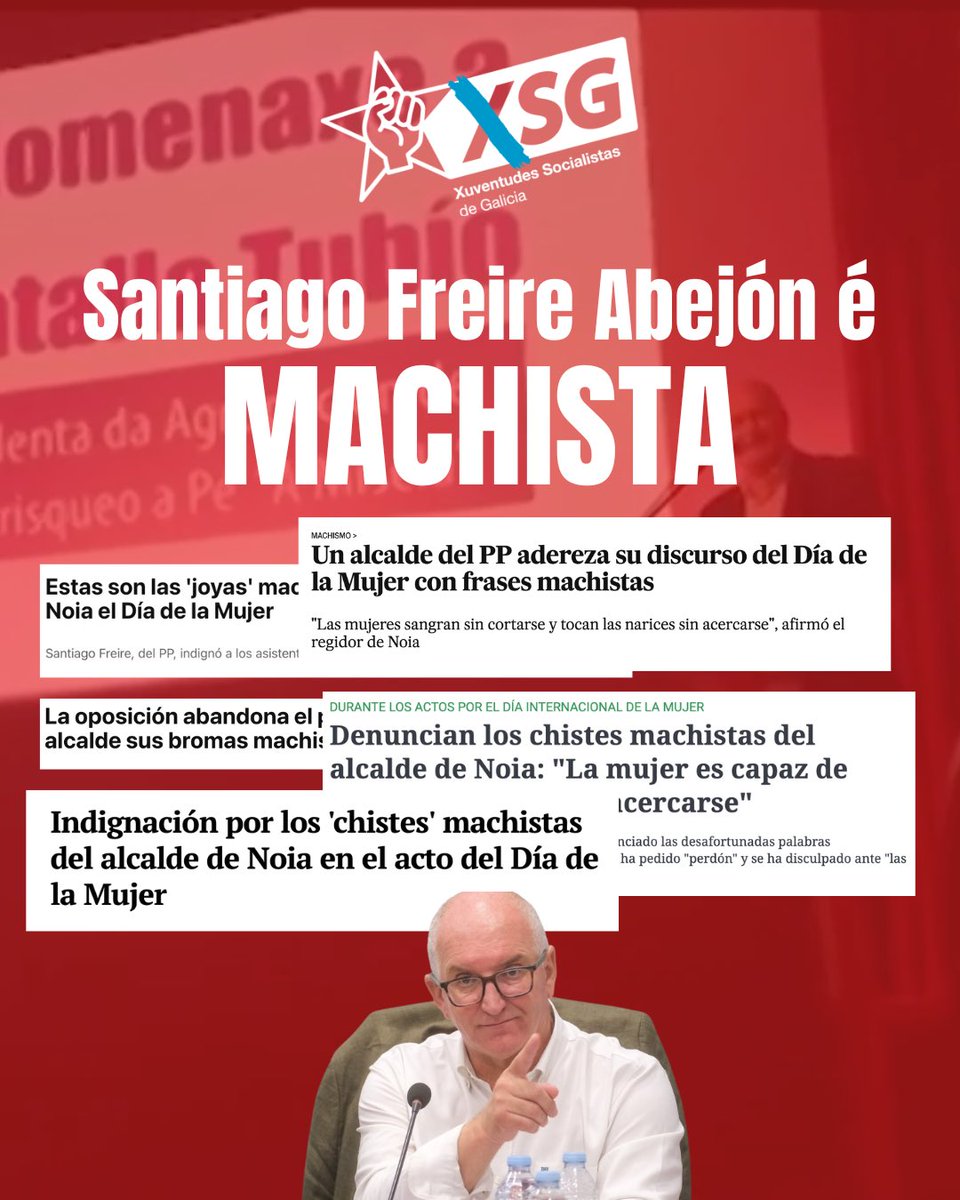 XSGalicia's tweet photo. ‼️ O nomeamento de Santiago Freire como director territorial de Educación é inaceptable. 

Dende XSG denunciamos que alguén con actitudes machistas e cuestionables non pode liderar o ensino público galego. 

A nosa educación debe basearse na igualdade e o respecto. 🌹 https://t.co/tnNJRbWISY