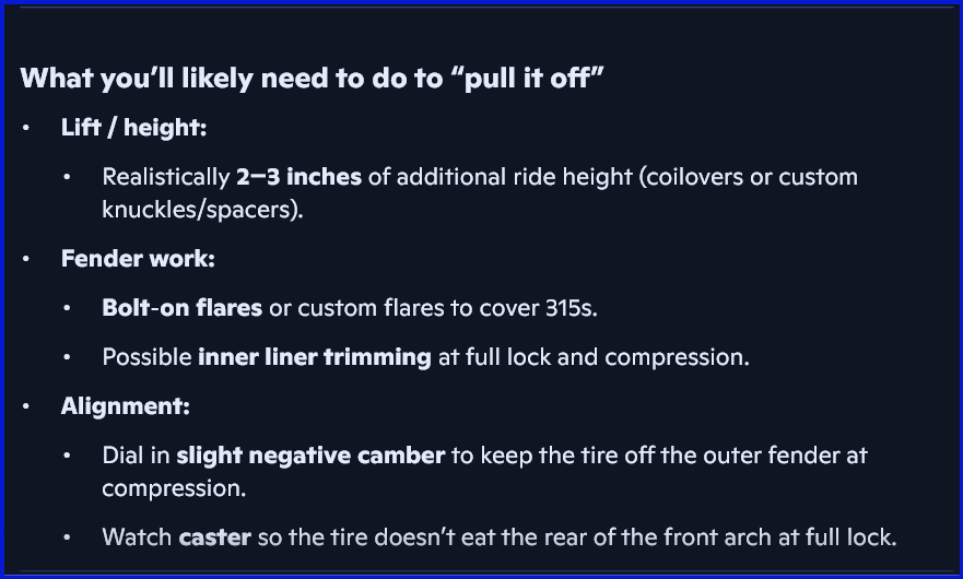 Thelonius_1's tweet image. I knew that the Brembos it comes with were too big to run that size of wheel if you were gonna run 17's and have a true 4-by, then you'd have to lift it; that means cutting on the body a lot. I didn't think about bolt-on flares. 

...this is a nice concept. 🫡🍻