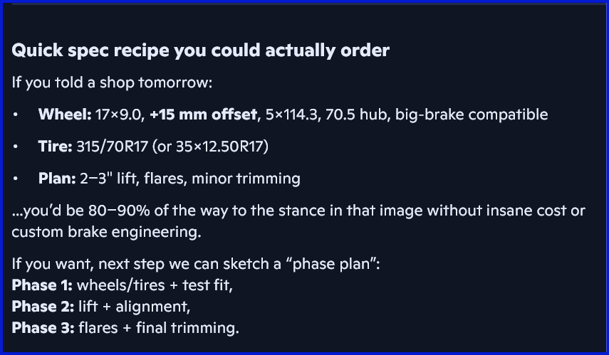 Thelonius_1's tweet image. I knew that the Brembos it comes with were too big to run that size of wheel if you were gonna run 17's and have a true 4-by, then you'd have to lift it; that means cutting on the body a lot. I didn't think about bolt-on flares. 

...this is a nice concept. 🫡🍻