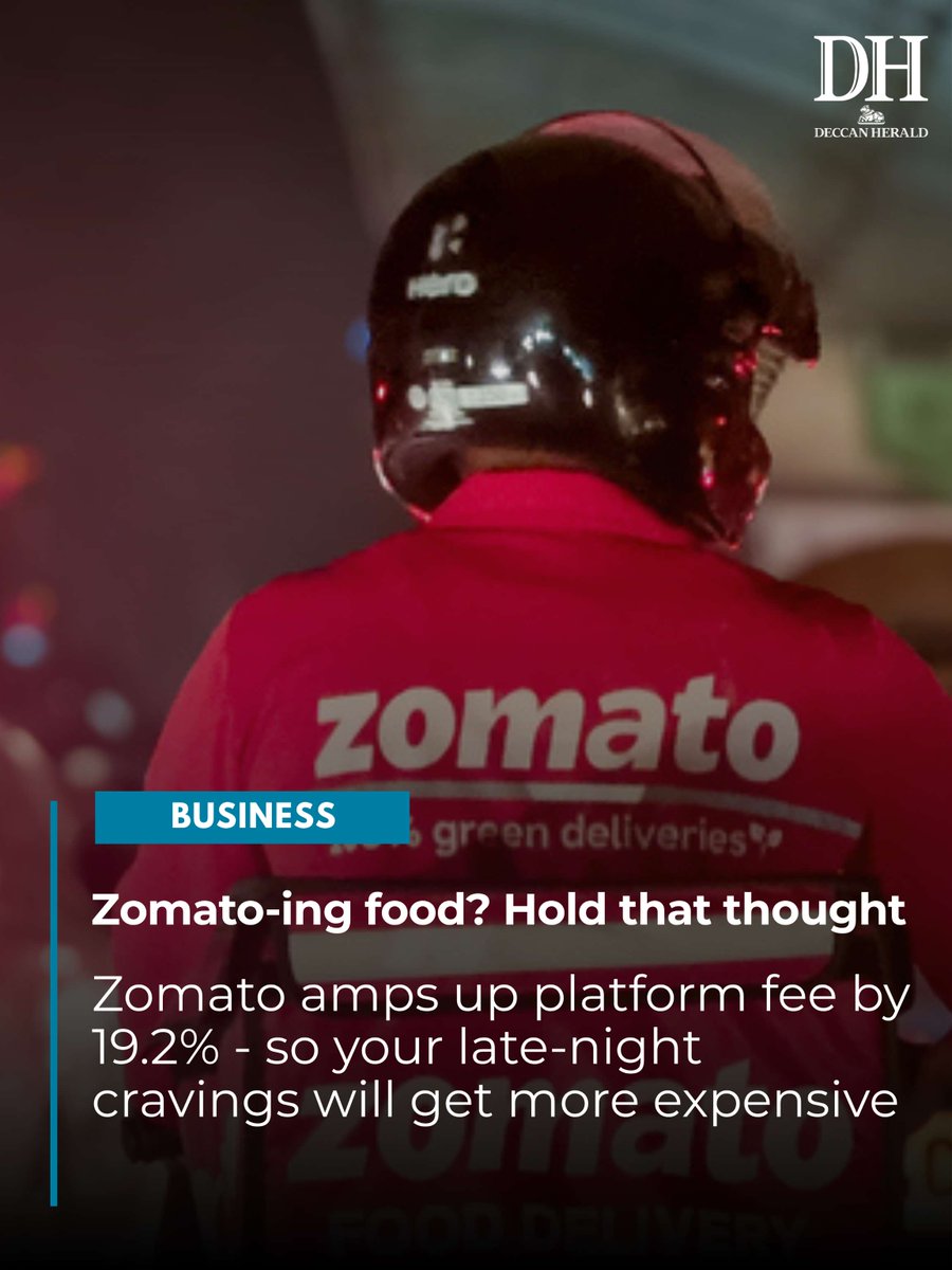 DeccanHerald's tweet image. Food delivery platform #Zomato, owned by #EternalLtd, on Friday announced an increase in #platformfee to Rs 14.9 from the existing Rs 12.5 per order. This in a hike of 19.2 per cent every order.

#Fooddelivery #crudeoil #oilrpices

ow.ly/8fiP50YwORT