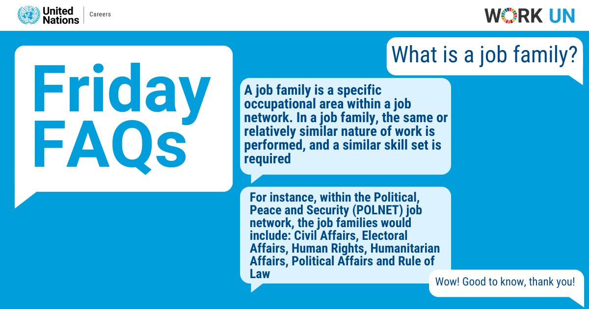 UN_Careers's tweet photo. Friday FAQ: What is a job family at the UN?
It groups roles with similar skills & functions—helping you navigate careers with clarity.
https://t.co/cilMV3zJ34
#UNCareers #WorkAtUN https://t.co/0aYM7hyQEE