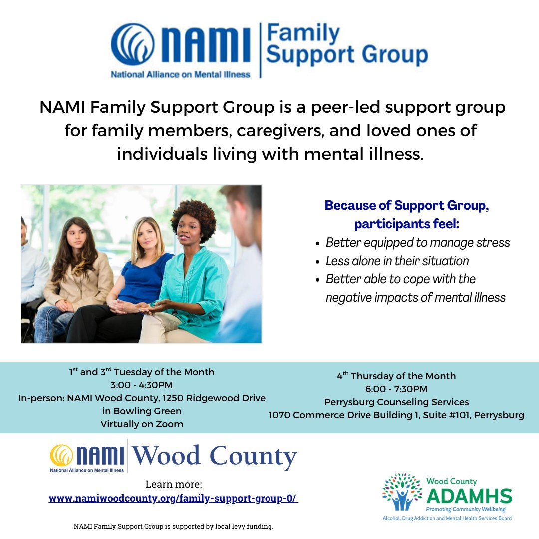 Join us for our Family and Caregiver Support Group! 
🗓️ Date: Thursday, March 26th
⏰ Time: 6:00 - 7:30 pm
📍 Location: Perrysburg Counseling Services

Learn more: namiwoodcounty.org/family-support…