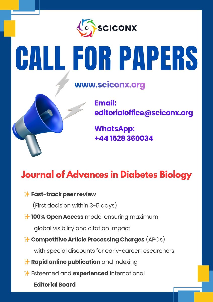 SciconX's tweet photo. Journal of Advances in Diabetes Biology

Submit your research:
🧬 Molecular mechanisms
🔬 Pancreatic biology
⚡ Insulin signaling

⚡ 3-5 day review
🌍 Open access

📧 editorialoffice@sciconx.org
🔗 https://t.co/c3LFeZGRA5

#DiabetesBiology #DiabetesResearch #MolecularBiology https://t.co/o784q63kF5