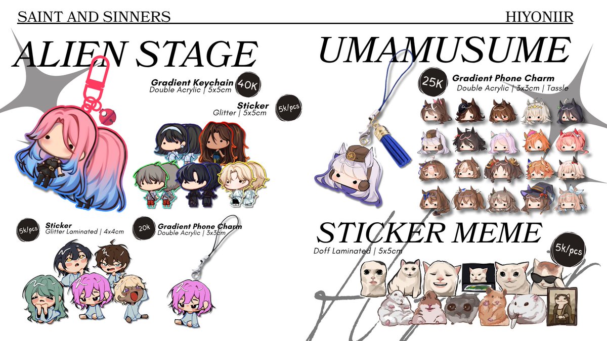 Hiyoniir's tweet photo. [❤️+🔁 are appreciated]
Saint&amp;Sinners #CF22 PO Batch 2 is now open!

🎨 Dispatch, Alien Stage, Umamusume, Ghibli, Meme, TAWOG, DCU, Valorant, ZZZ

🗓️ 20-31 March 2026
💌 Mail &amp; pick up OTS
🔗 In Thread 👇

#Comifuro22 #Comifuro22catalogue #CF22catalogue #CatalogueCF22 [1/2] https://t.co/jpSyRCq7RF