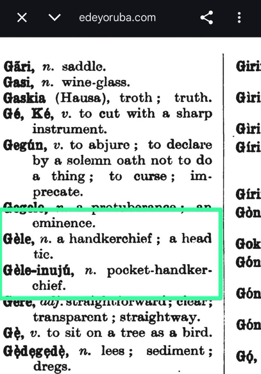 NoNonsensezone's tweet photo. IGBOS AND THEIR WAYS!!!

In the same EXTRACT you posted from it clearly says “GELE – HEAD TIE.” Yet you refused to post that part.

So I decided to verify things myself.

First, I checked a dictionary written by an Igbo author. In that dictionary, “Gele” is clearly defined as a woman’s headgear, and it even acknowledges the Yoruba origin of the word.

Then I checked the same book for “Ichafu.” Nothing showed up.

So I went further and checked an Igbo–English dictionary. In that dictionary, “Ichafu” is defined as a scarf. Both of these dictionaries were written by Igbo scholars.

Let’s be clear about the definitions:

GELE — Head tie
ICHAFU — Scarf

There is a big difference between a head tie and a scarf.

A (Gele) is a structured headwrap traditionally worn by Yoruba women. Historically, Gele has been part of Yoruba dressing for generations and is worn with traditional outfits such as Iro and Buba during weddings, festivals, ceremonies, and other important cultural events. It is not just a random cloth, it is carefully folded and tied into distinctive shapes that are recognized as part of Yoruba cultural identity.

Over time, Gele became widely adopted across different parts of Nigeria and even across Africa, especially during formal occasions. But its cultural roots and name are historically associated with the Yoruba language and tradition.

A scarf (Ichafu), on the other hand, is simply a piece of cloth that can be worn around the neck, shoulders, or loosely on the head. It does not specifically mean a ceremonial head tie, and it does not refer to the structured cultural headgear known as Gele.

So the claim that “Gele is a handkerchief and Ichafu is a head tie” is simply incorrect and not supported by dictionaries, linguistic evidence, or historical usage.

The actual meanings remain clear:

Gele = Head tie
Ichafu = Scarf

Facts are facts, and language like history should be represented accurately. 

Just because yall came to Yoruba land copied how they dressed and go back to your land to keep it going does not make you the owner of it 50 years later 

Now see more in the comment