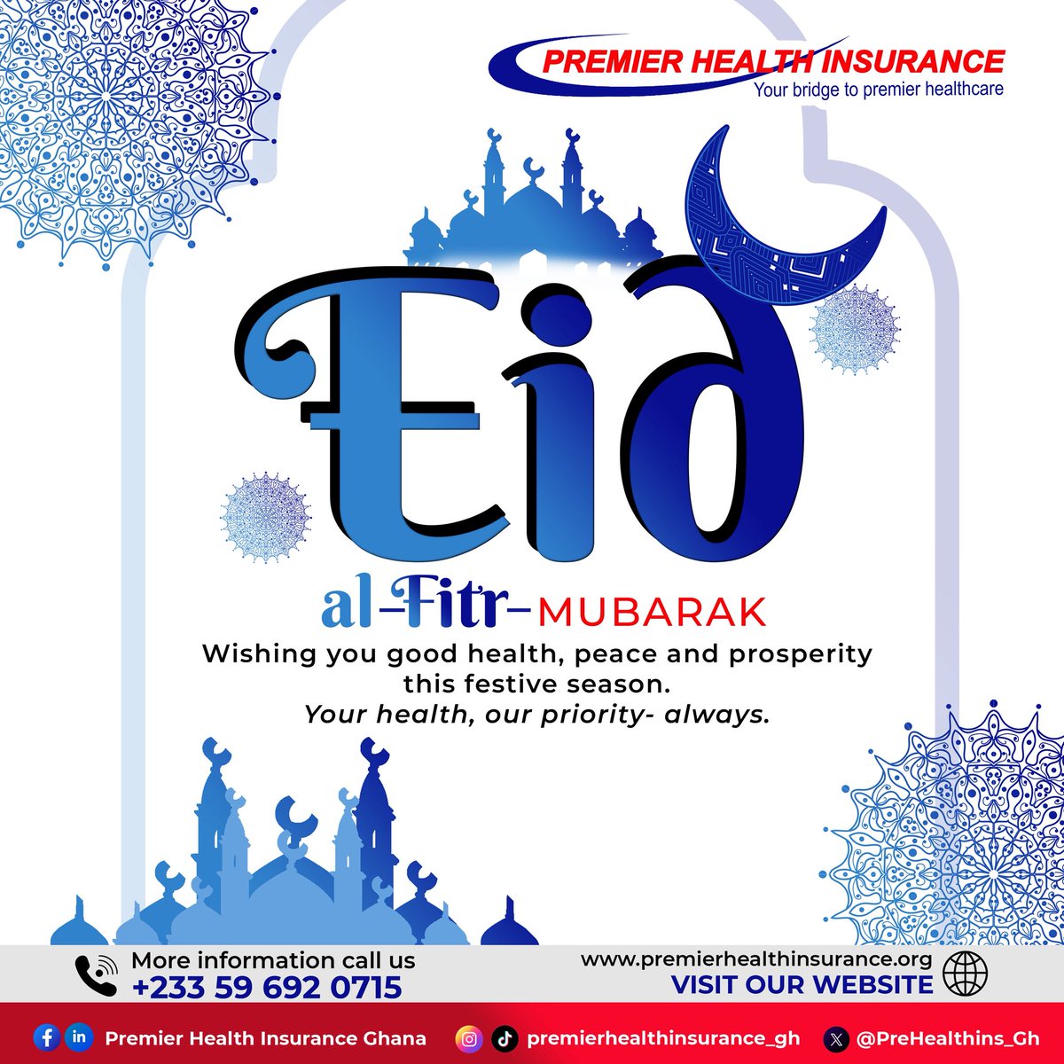 PreHealthIns_GH's tweet photo. Eid Mubarak! 🌙✨
May this blessed season bring you and your loved ones good health, peace and prosperity.

#EidMubarak  #EidAlFitr 
#PremierHealthInsurance #healthinsuranceinghana https://t.co/gwWBVTlHft
