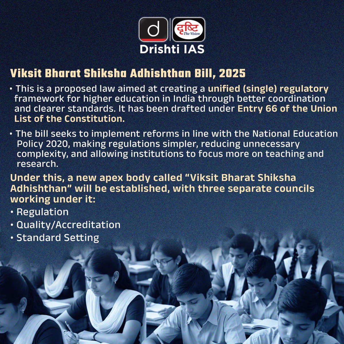 drishtiiaseng's tweet photo. The future of higher education is at a turning point of major change.
The VBSA Bill 2025 is sparking a new debate on balancing reform and control.”
#VBSA #EducationPolicy #HigherEducation #UGC #AICTE #CurrentAffairs #UPSC #GS2 #Governance #EducationReforms #DrishtiIAS #DrishtiIASEnglish