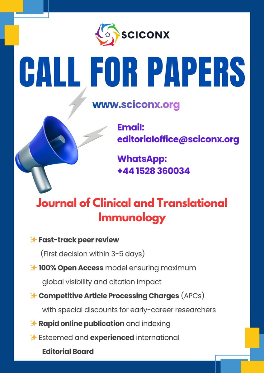 SciconX's tweet photo. Journal of Clinical &amp; Translational Immunology

Submit your research:
💉Immunotherapy
🏥Autoimmune diseases
🧬Cancer immunology

⚡ 3-5 day review
🌍 Open access

📧 editorialoffice@sciconx.org
🔗 https://t.co/uLM6Ph54Oy

#ClinicalImmunology #Immunotherapy #TranslationalResearch https://t.co/OD62RsR4GT