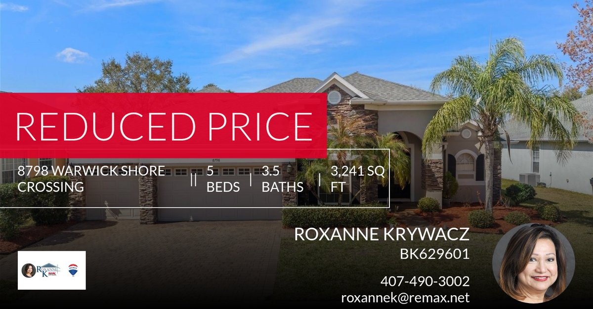 RoxKry's tweet photo. 📍 Reduced Price 📍 This recently reduced home at 8798 Warwick Shore Crossing in Orlando won't last long, so, don't wait to set up a showing! Reach out here or at 407-490-3002 for more information! https://t.co/WuqjHvAII8 https://t.co/GTvGBXr7Mw
