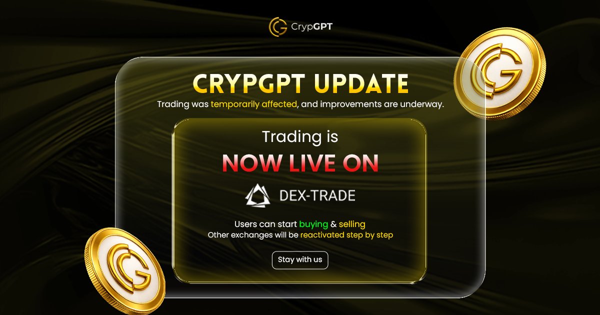 Trading is back on track.

CrypGPT is now live on DEX Trade —
buying &amp; selling has resumed.

More exchanges coming back soon, step by step.

Thank you for staying with us. 💛

#CrypGPT #DEXTrade #CryptoUpdate #CryptoTrading #Blockchain #Web3 #CryptoCommunity #CryptoNews