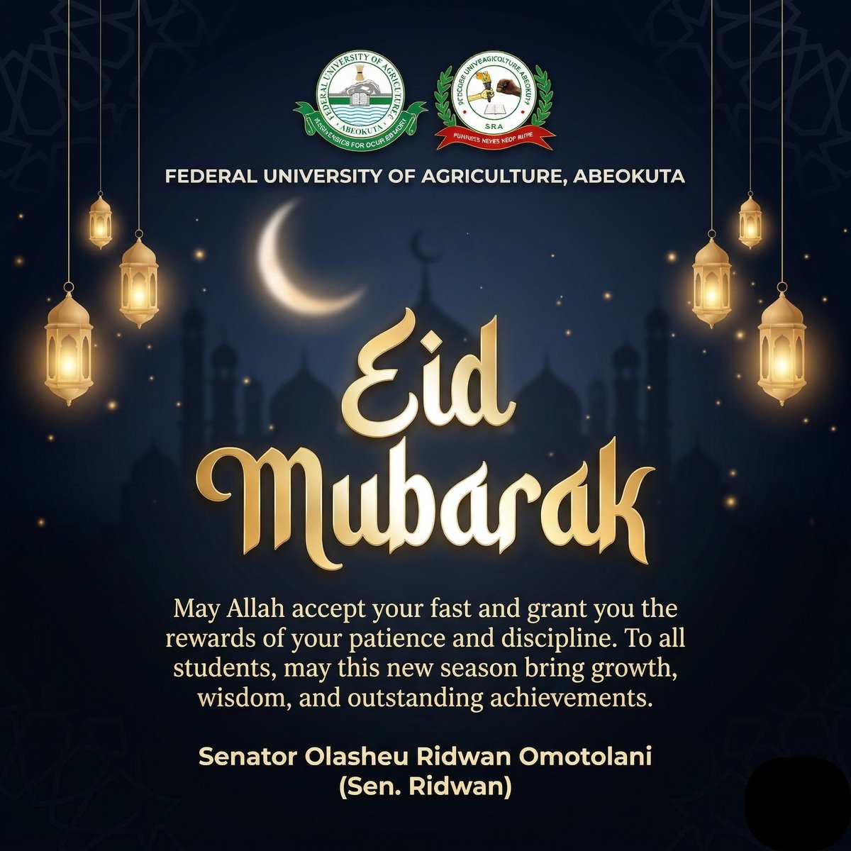 Sen_Ridwan's tweet photo. Celebrating the end of Ramadan! May Allah accept our worship and guide us to success in all we do. Joyous and blessed Eid to all FUNAABites! 🌙✨
#SenRidwan #AdvancingStudentRepresentation
#EidMubarak #FUNAABSUSRA https://t.co/2FtA7W0z4D