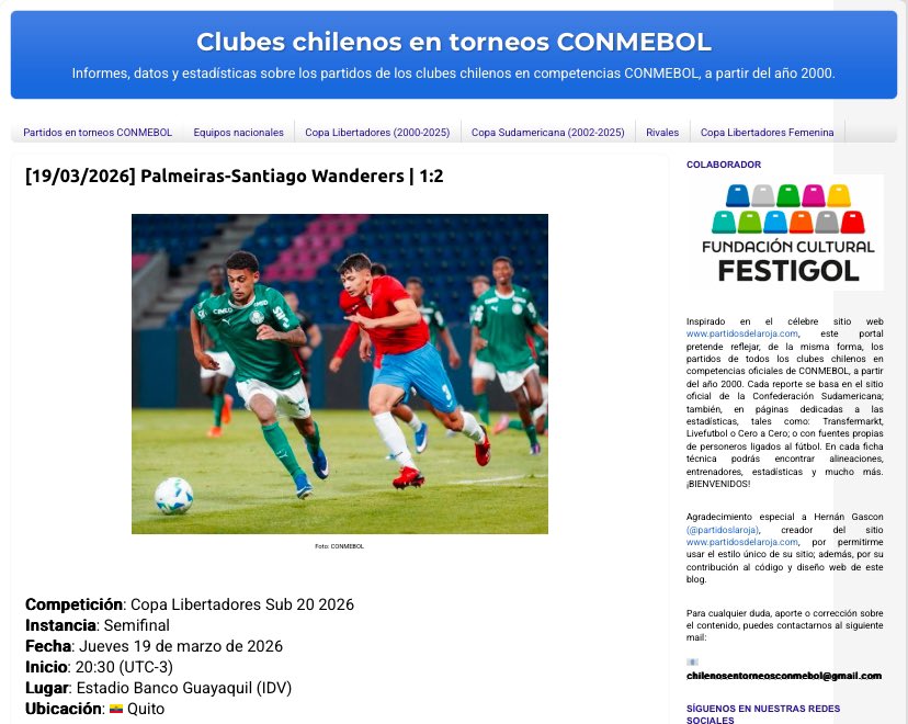 ChilenosTorneos's tweet photo. Ya están publicados los reportes, datos y estadísticas del histórico triunfo de Santiago Wanderers sobre Palmeiras (2-1), que lo instaló en la final de la #Libertadoressub20 2026.

Link
https://t.co/jodS4QeEpk https://t.co/wehGVDHzwM