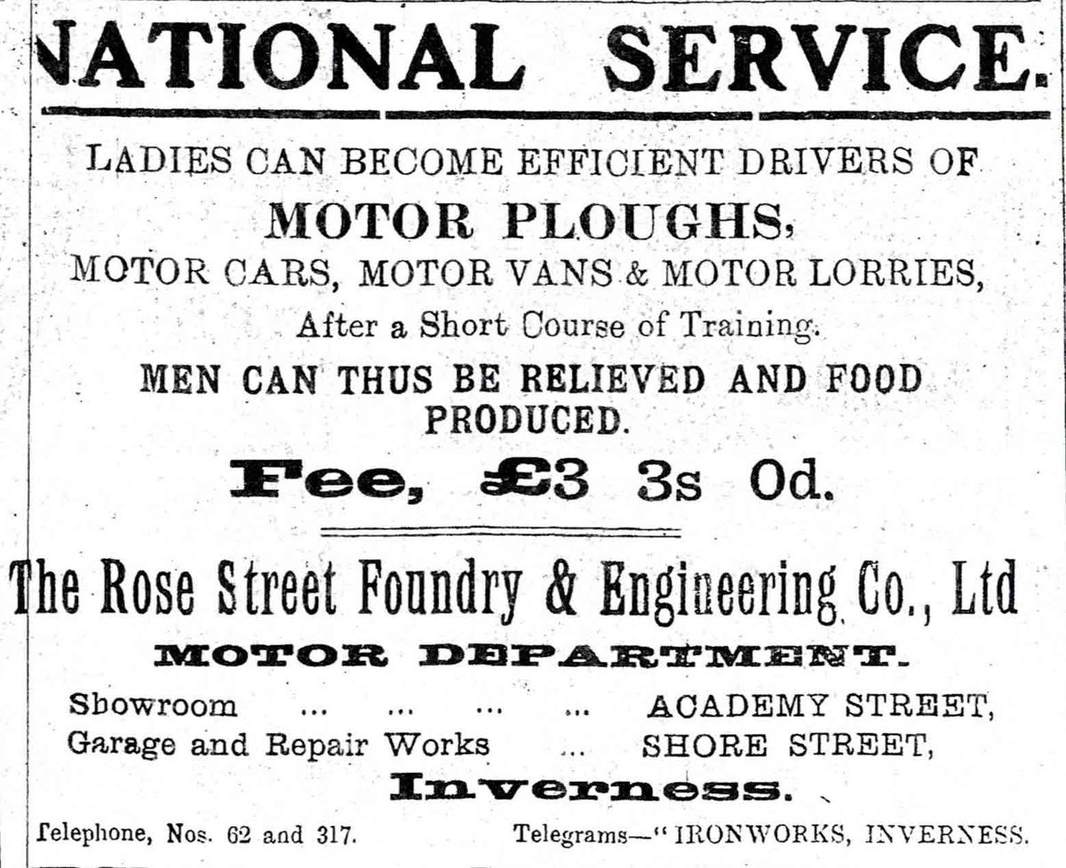 HighlandHistory's tweet image. An advert from the Rose Street Foundry, #Inverness, offering driving lessons for women to help the war effort. #WWI
The cost, in today's money, equates to a little over £200.

[source: 'The Highland Times', 22 March 1917]