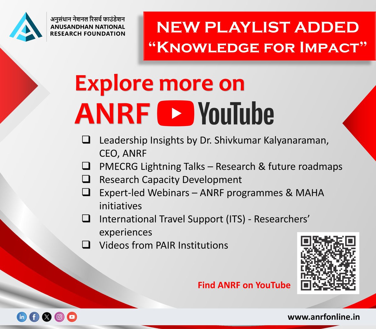 ANRFIndia's tweet image. 𝗡𝗲𝘄 𝗣𝗹𝗮𝘆𝗹𝗶𝘀𝘁 𝗮𝗱𝗱𝗲𝗱!

𝗘𝘅𝗽𝗹𝗼𝗿𝗲 𝘁𝗵𝗲 𝗞𝗻𝗼𝘄𝗹𝗲𝗱𝗴𝗲 𝗳𝗼𝗿 𝗜𝗺𝗽𝗮𝗰𝘁 𝗽𝗹𝗮𝘆𝗹𝗶𝘀𝘁:
youtube.com/playlist?list=…

#ANRFIndia #Research #Innovation #ScienceCommunication #YouTube