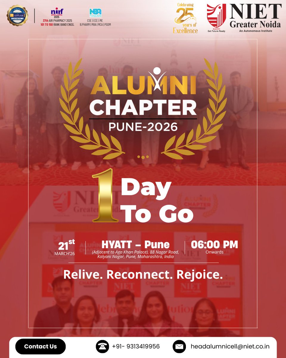 niet_grnoida's tweet image. Just 1 day to go!

Pune, get ready-the NIET Alumni Meet is almost here.

An evening of reconnecting, networking, and reliving memories awaits.

📅 21 March 2026 | ⏰ 6 PM onwards
📍 Hyatt Pune
See you there!
#NIET #NIETAlumni #PuneChapter #AlumniMeet
