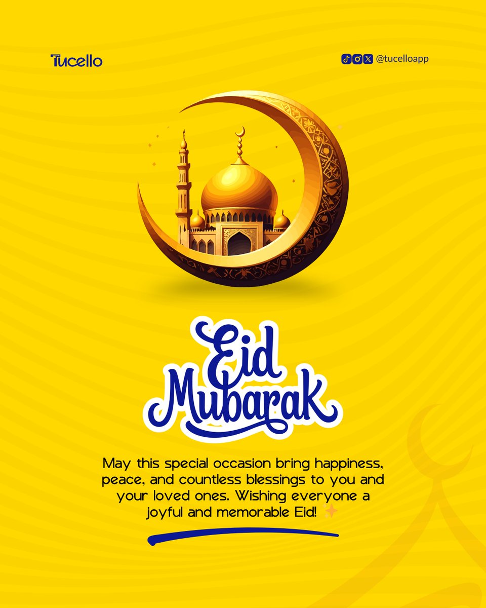 tucelloapp's tweet photo. Eid Mubarak to our incredible Tucello community!

On this special day of celebration, we wish you and your loved ones a joyful Eid al-Adha.

May your sacrifices be accepted, and your day be blessed with happiness, good food, and great company.

Happy holidays♥️🥂 https://t.co/KROtjFdk4X