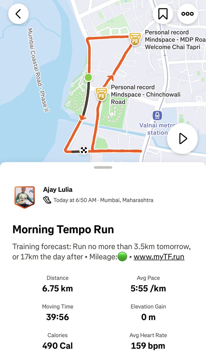 ajaylulia's tweet image. Tempo session done 🏃‍♂️🔥

2 × 10 mins strong effort
500m easy jog in between

Controlled, consistent, and felt in rhythm.
Trusting the process, one session at a time.

#TempoRun #StructuredTraining #RunningProgress #MumbaiRunners #KeepImproving
