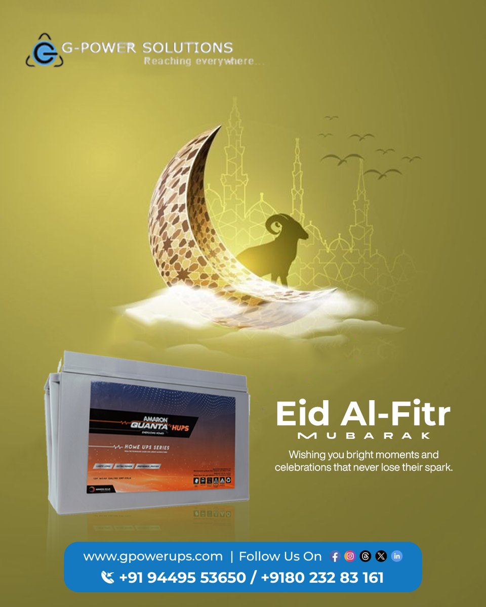 gpowerups's tweet image. Eid al-Fitr Mubarak! Wishing you a festive day filled with reliable light, uninterrupted smiles, and joyful moments. May this celebration bring warmth, happiness, and togetherness to your home.

#eidmubarak #eidalftr #gpower #reliablepower #joyfulmoments #festiveenergy