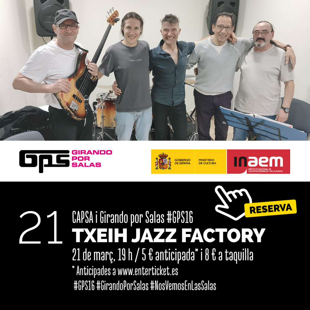 musicstgn's tweet photo. #CAPSA i GIRANDO POR SALAS #GPS16 amb TXEIH JAZZ FACTORY 21 de març 19 h 5 € + costos anticipada i 8 € a taquilla
https://t.co/NzY5hueAt9
Txeih Jazz Factory és un quintet de #Jazz vocal-instrumental #aMt #JAZZLiveMúsic #CulturaDipta
#GirandoPorSalas
#NosVemosEnLasSala
#musics https://t.co/OcUHLDoov4