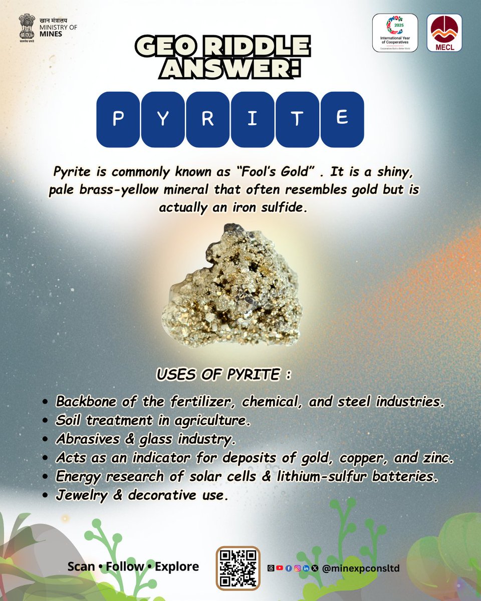 minexpconsltd's tweet image. Additionally, ongoing research highlights its potential in emerging technologies, including solar energy and advanced battery systems.

Pyrite exemplifies how a seemingly deceptive mineral can hold substantial scientific and economic value.

#GeoRiddle #Pyrite #MineralExploration