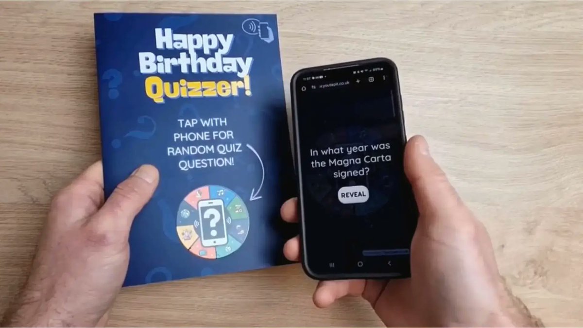youtapituk's tweet photo. Know someone who loves a good quiz? Give them our quiz question smart birthday card!

Just tap your phone on the card and a random fun quiz question will pop up straight away!

Shop here for £4.99 https://t.co/PsTJOwew32

#QuizTime #BirthdayCard #GiftIdea #quiznight #giftsforhim https://t.co/E0sE1UrIZh