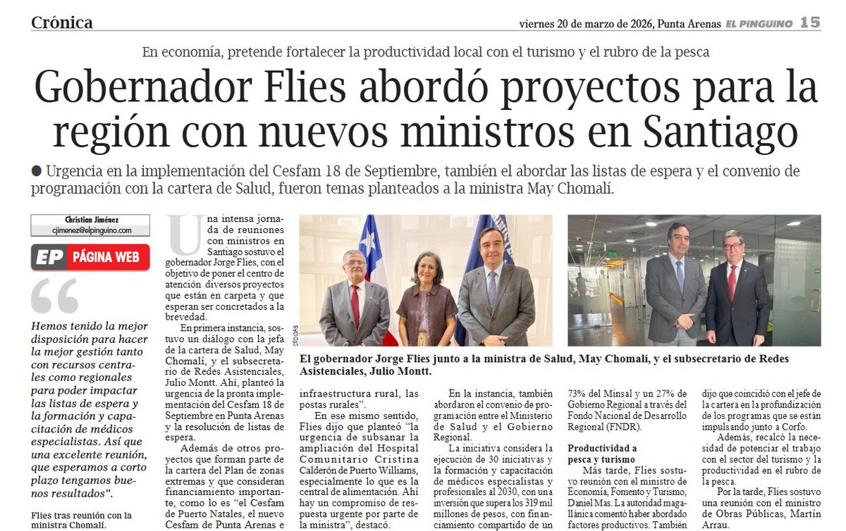 ernestsepulveda's tweet photo. Hoy en el @pinguinodiario Reuniones de @gore_magallanes con Ministra de salud por proyectos del Plan de desarrollo de zonas extremas. #PDZE https://t.co/RdMxRoYaIh